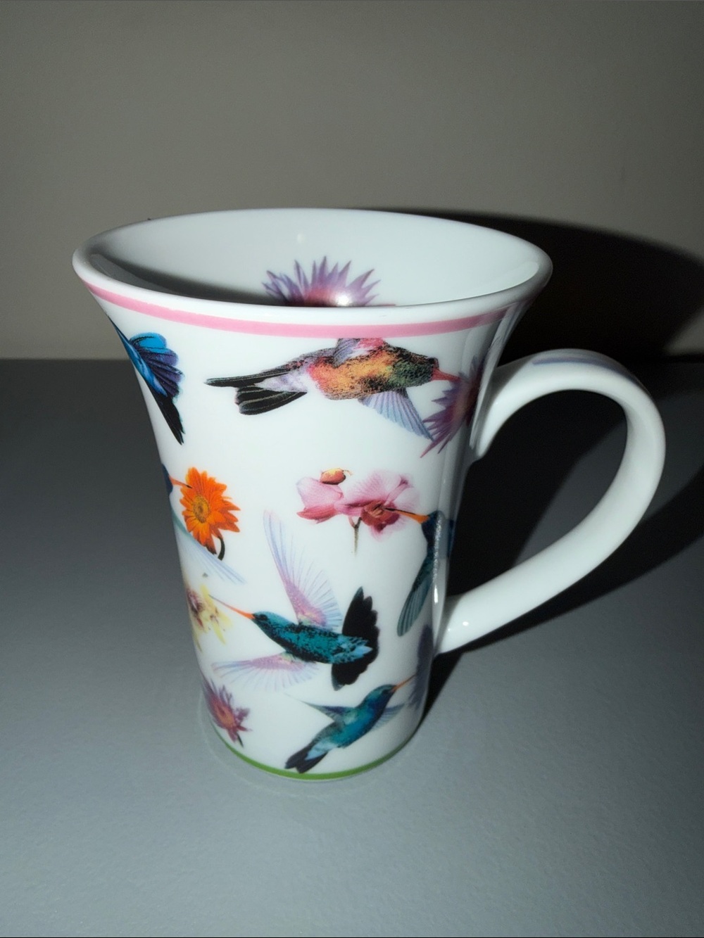 2007 Paul Cardew White Hummingbird Floral Mug - Pink Accent